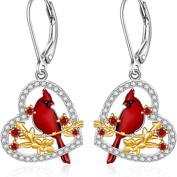 Sterling Silver Dangle Earrings Women Red Cardinal Heart Memorial Gift - Picture 1 of 9